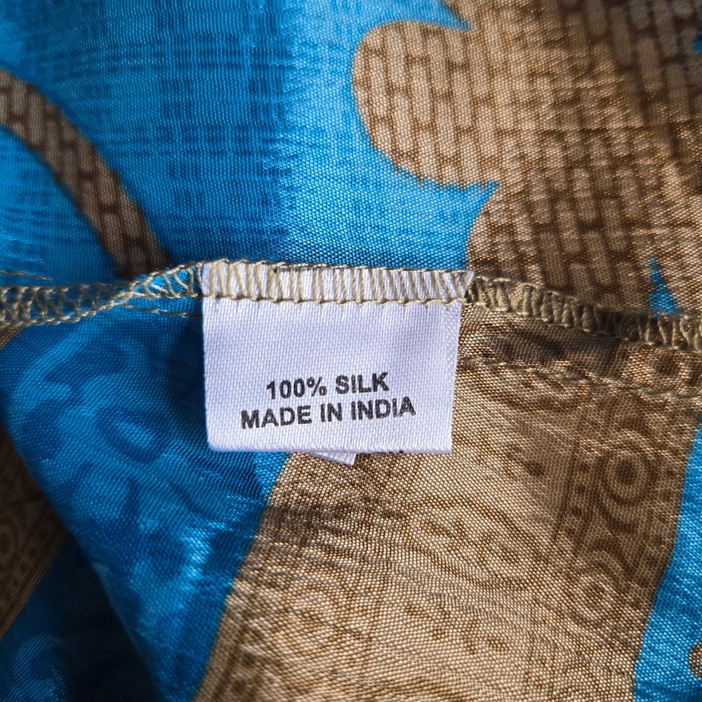Luz Blue Tan Silk Boho Maxi Kaftan Dress OS Deep V-neck Indie Resort Luxe Hippie - Picture 9 of 9